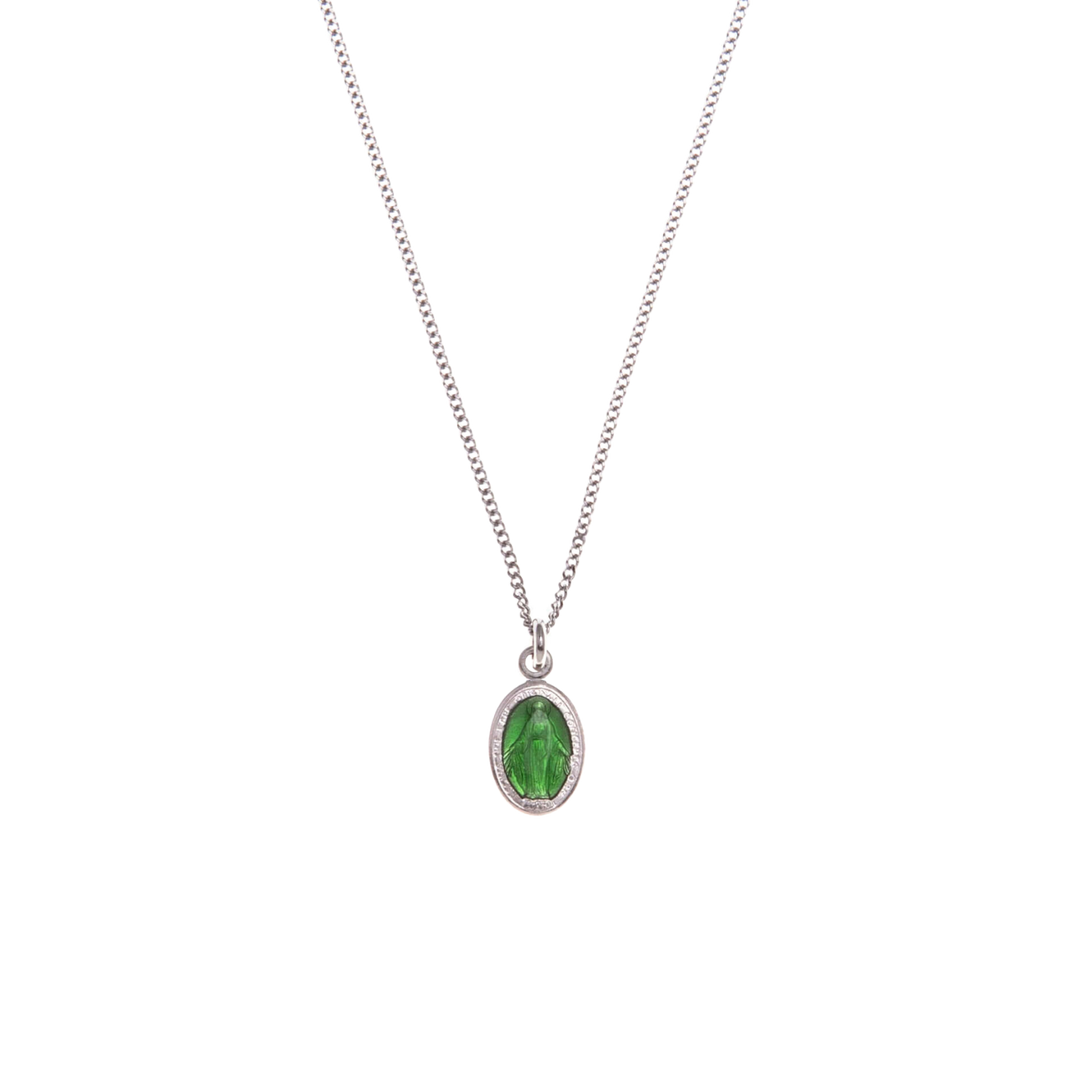 GREEN SAINT MARY CHARM NECKLACE - SILVER
