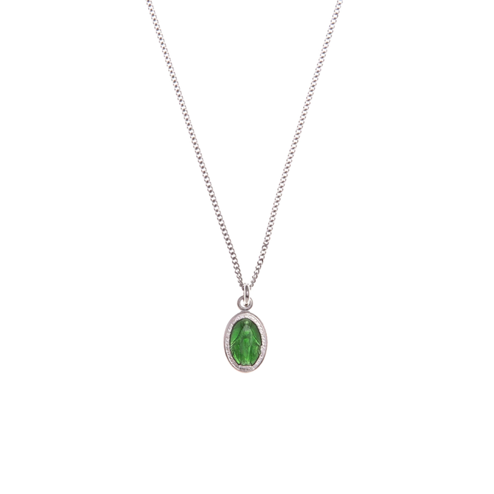 GREEN SAINT MARY CHARM NECKLACE - SILVER