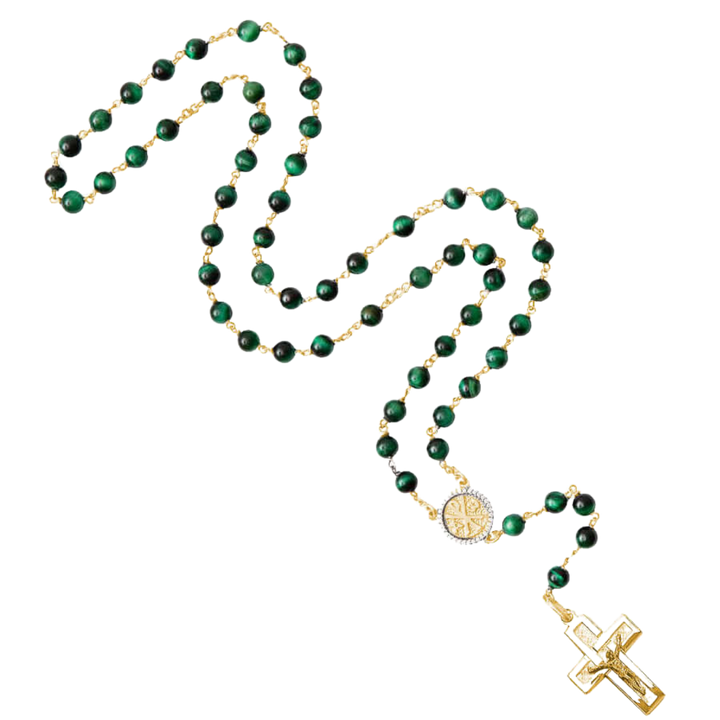 GREEN TIGER EYE ROSARY - VERMEIL SILVER
