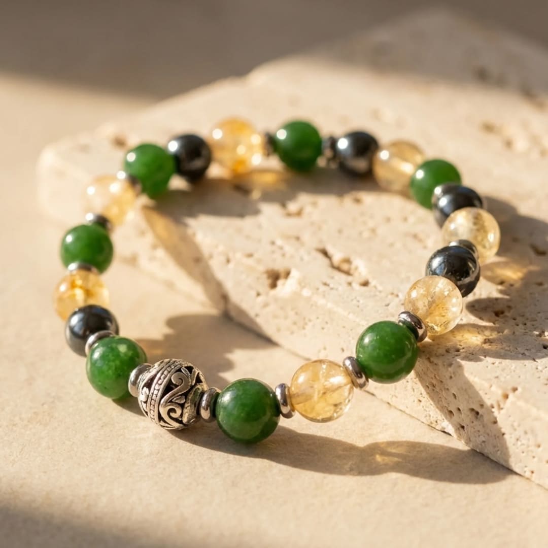 "Symbols of Luck" Bracelet in Jade, Citrine & Hematite