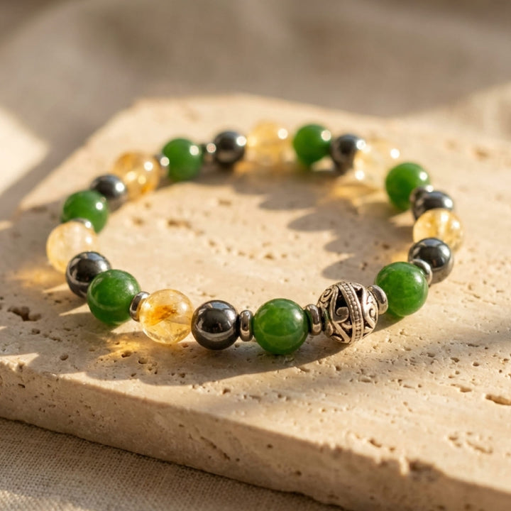 "Symbols of Luck" Bracelet in Jade, Citrine & Hematite