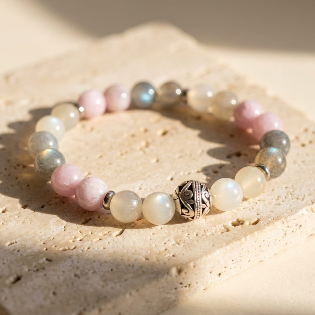 "Feminine Softness" Bracelet in Labradorite, Moonstone & Kunzite