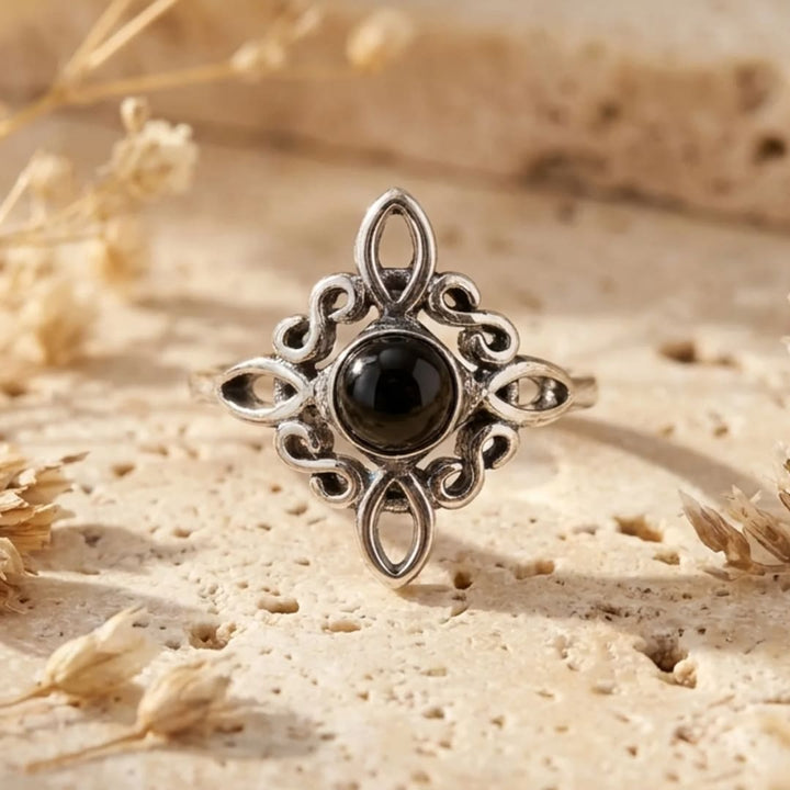 "Adjustable Ring 'Mystical Energy' - Witch's Knot & Obsidian