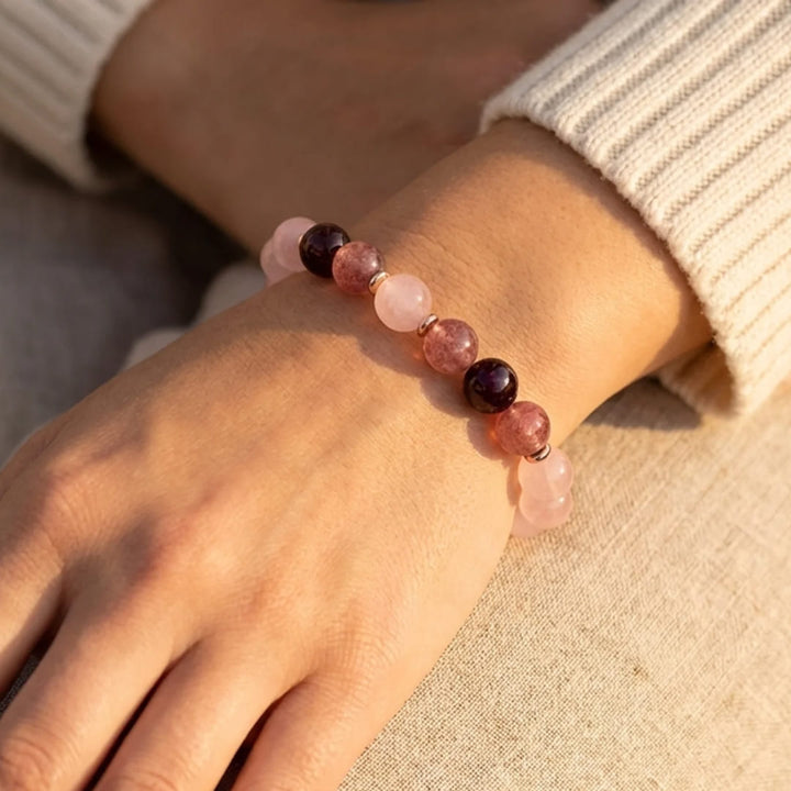 "Infinity Love" Bracelet in Rose Quartz, Garnet & Strawberry Quartz