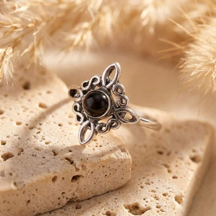 "Adjustable Ring 'Mystical Energy' - Witch's Knot & Obsidian