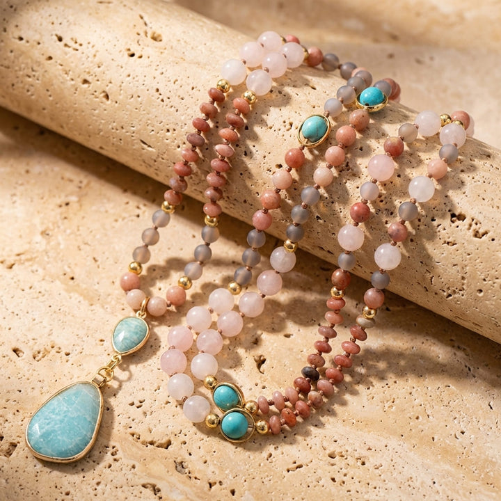 Ethnic Mala Necklace in Turquoise, Amazonite, Rose Quartz & Rhodonite
