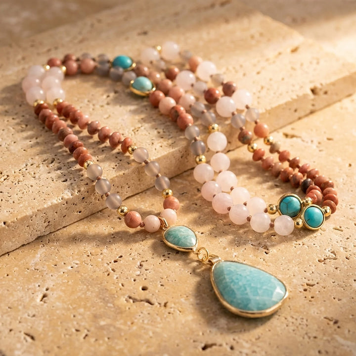 Ethnic Mala Necklace in Turquoise, Amazonite, Rose Quartz & Rhodonite