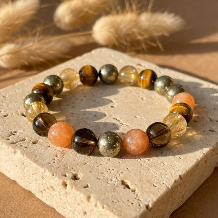 "Solar Energy" Bracelet in Smoky Quartz, Tiger's Eye & Golden Rutile Quartz
