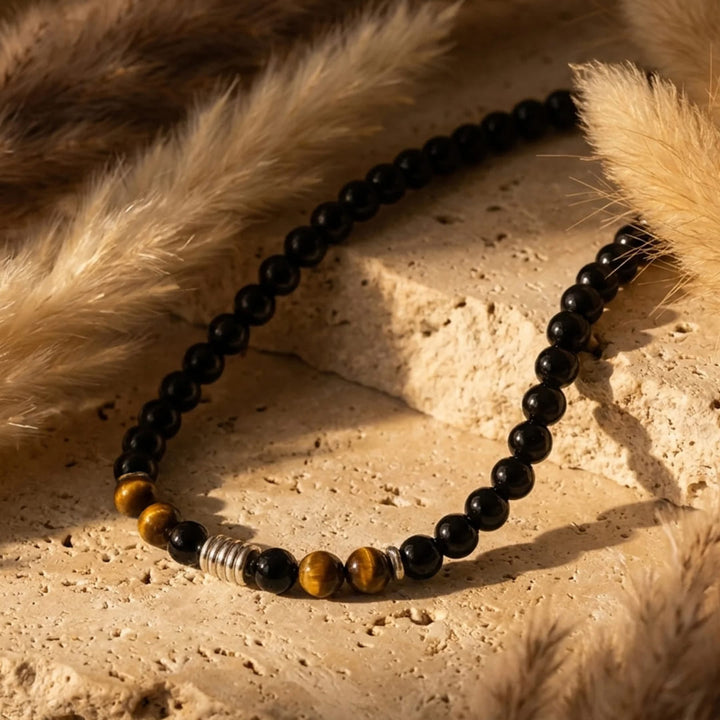 "Shield of Wisdom" Necklace in Black Obsidian & Tiger's Eye