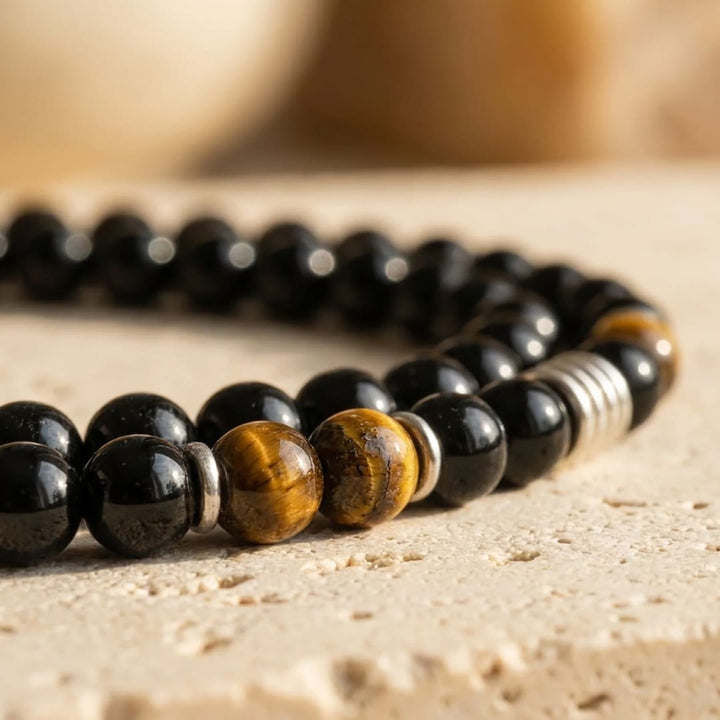 "Shield of Wisdom" Necklace in Black Obsidian & Tiger's Eye