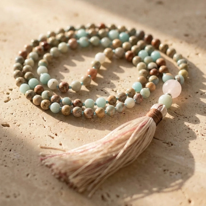 Mala Necklace 108 Beads in Aqua Terra Jasper, Amazonite & Rose Quartz