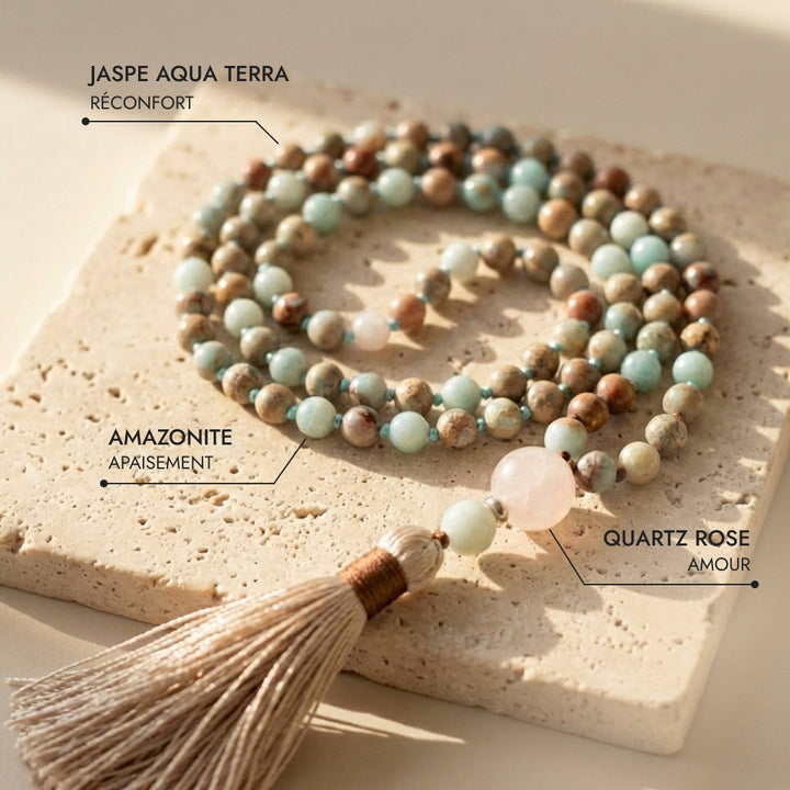 Mala Necklace 108 Beads in Aqua Terra Jasper, Amazonite & Rose Quartz