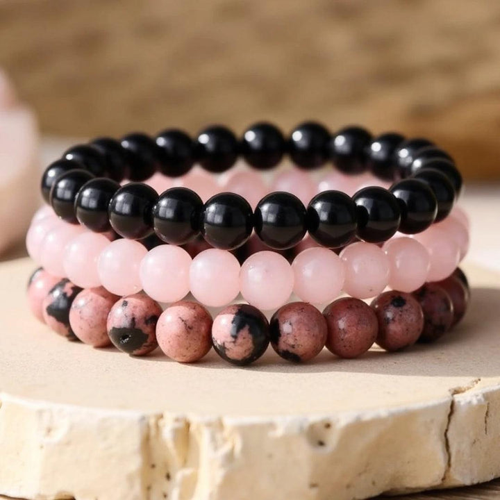 "Peace and Balance" Bracelet Trio in Onyx, Rose Quartz & Rhodonite