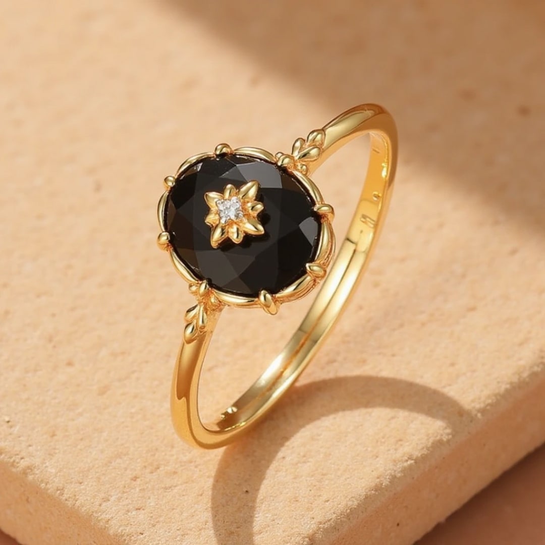 Adjustable Ring "Nocturnal Charm" in Black Agate