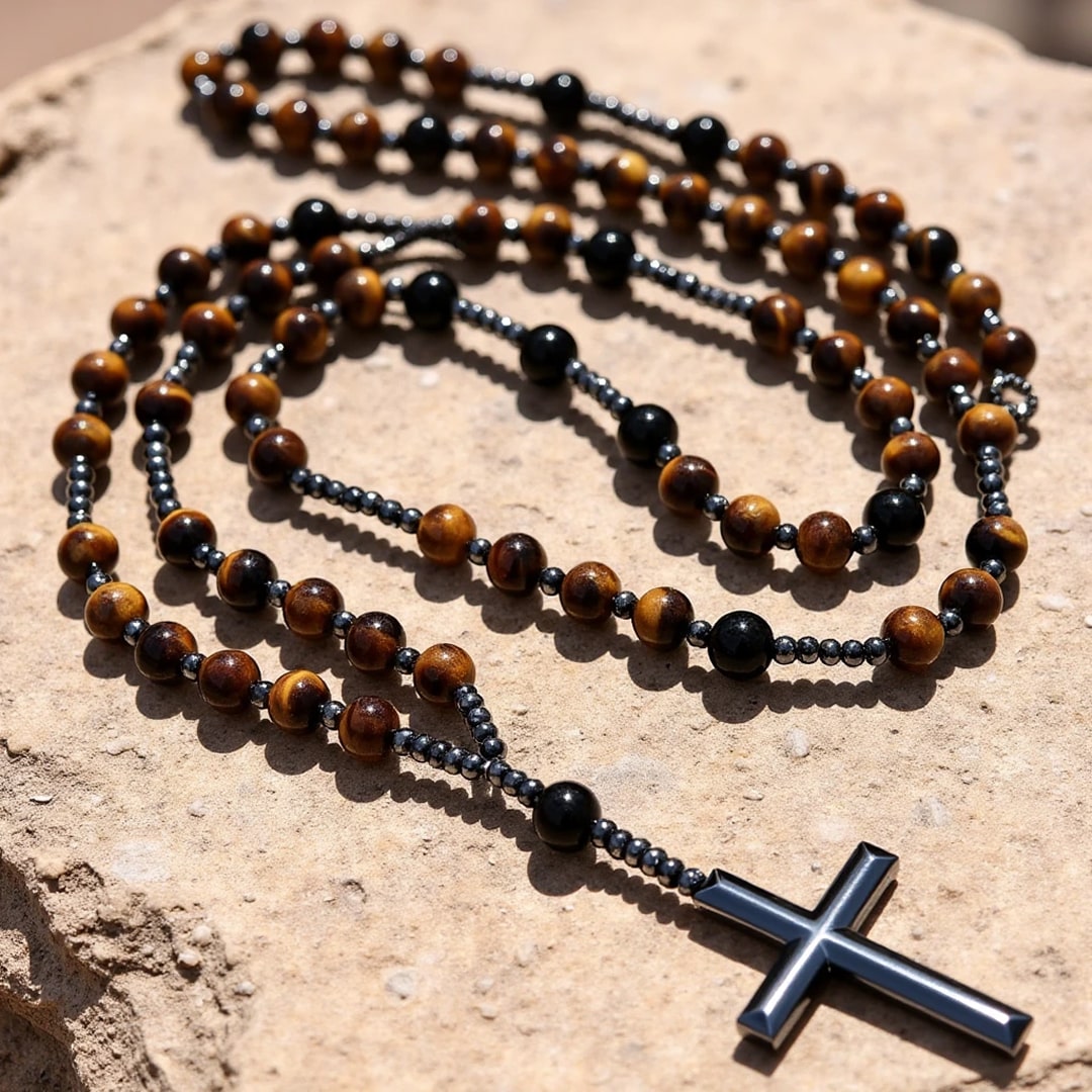 "Protection" Rosary Necklace in Tiger's Eye