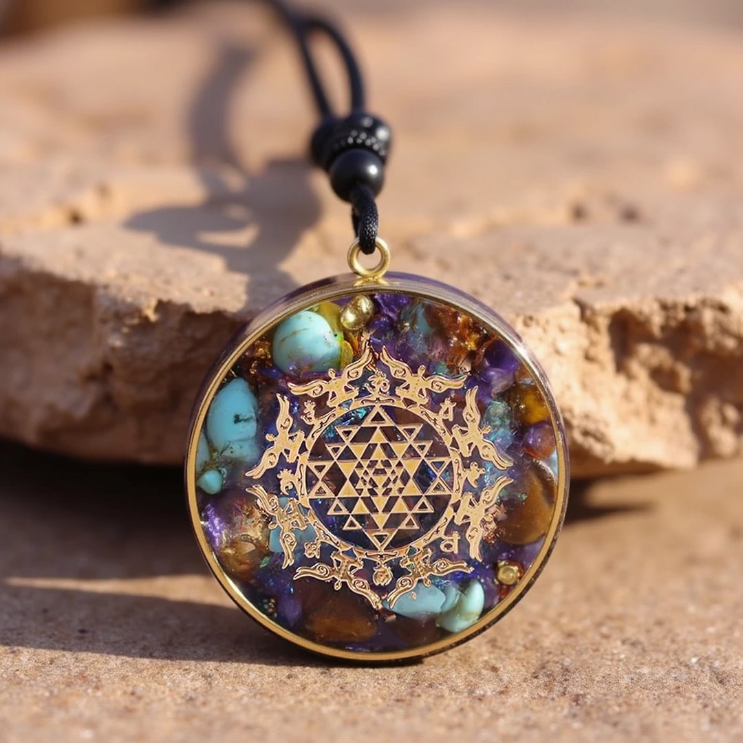 Orgonite Pendant "Sri Yantra" in Turquoise & Tiger Eye