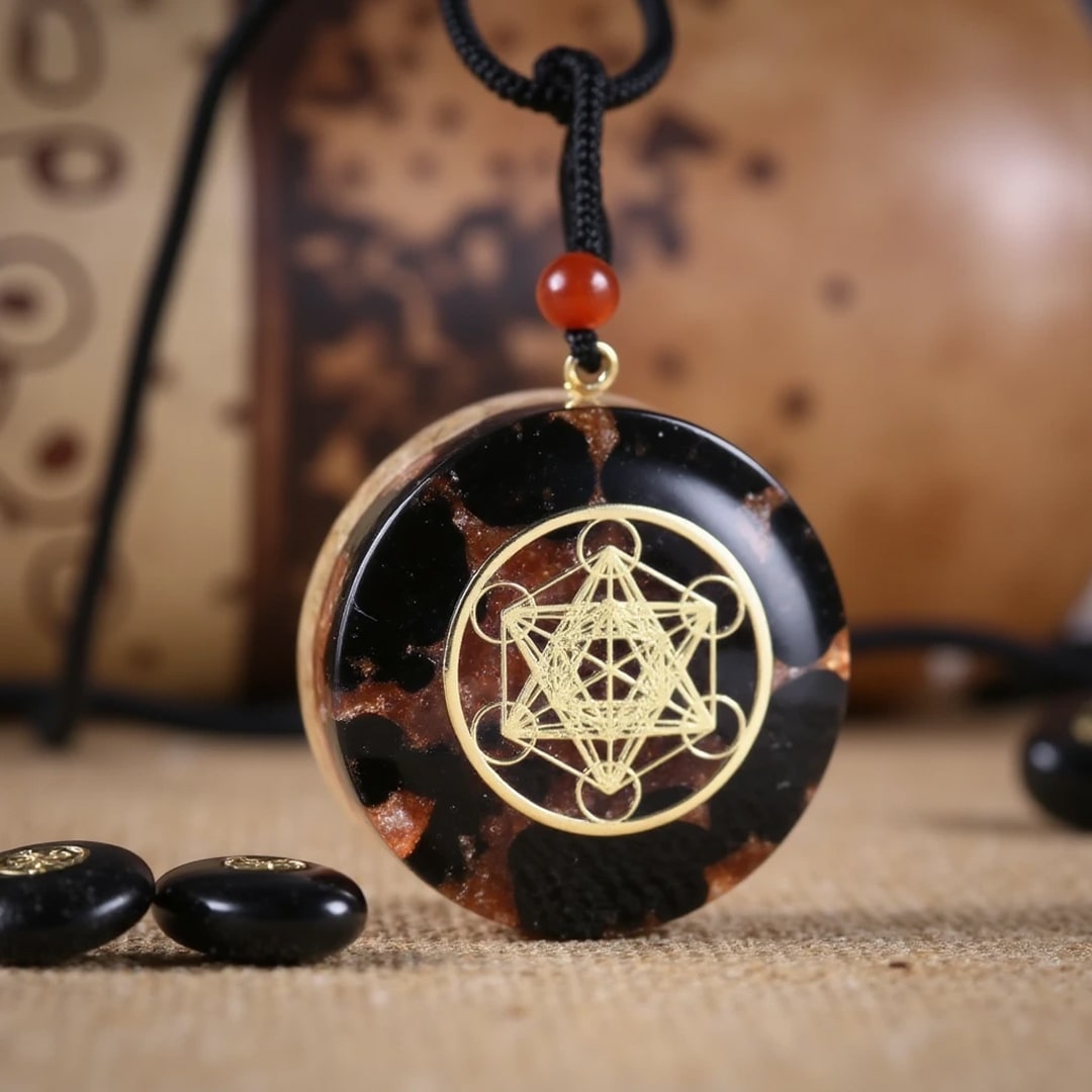 Orgonite Pendant "Metatron's Cube" in Obsidian & Garnet
