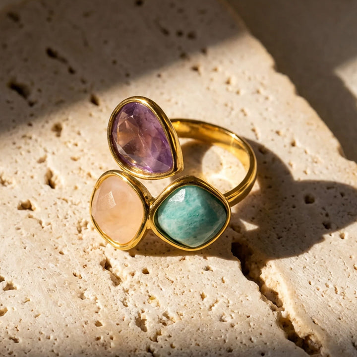 "Soft Dawn" Ring in Amazonite, Rose Quartz & Amethyst