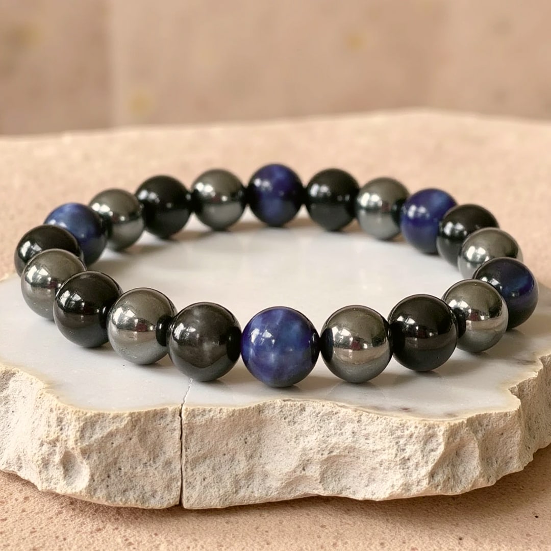 "Assured Cap" Bracelet in Hematite, Black Tourmaline & Blue Tiger Eye