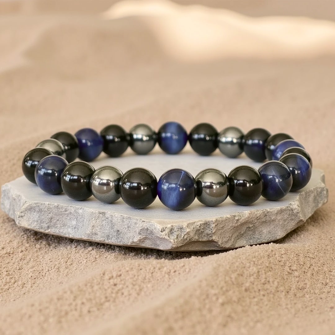 "Assured Cap" Bracelet in Hematite, Black Tourmaline & Blue Tiger Eye