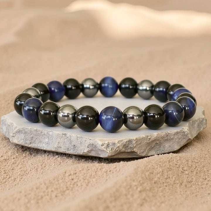 "Sure Cap" Bracelet in Hematite, Black Tourmaline & Blue Tiger Eye