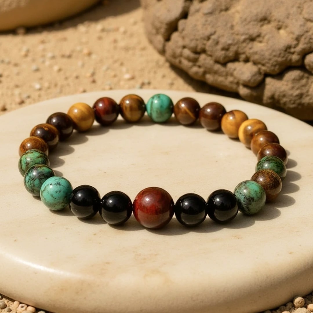 "Protective Energies" Bracelet in Tiger Eye, Bull Eye, African Turquoise & Onyx