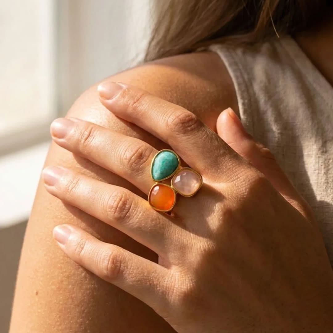 "Santi" Ring in Amazonite, Orange Aventurine & Rose Quartz