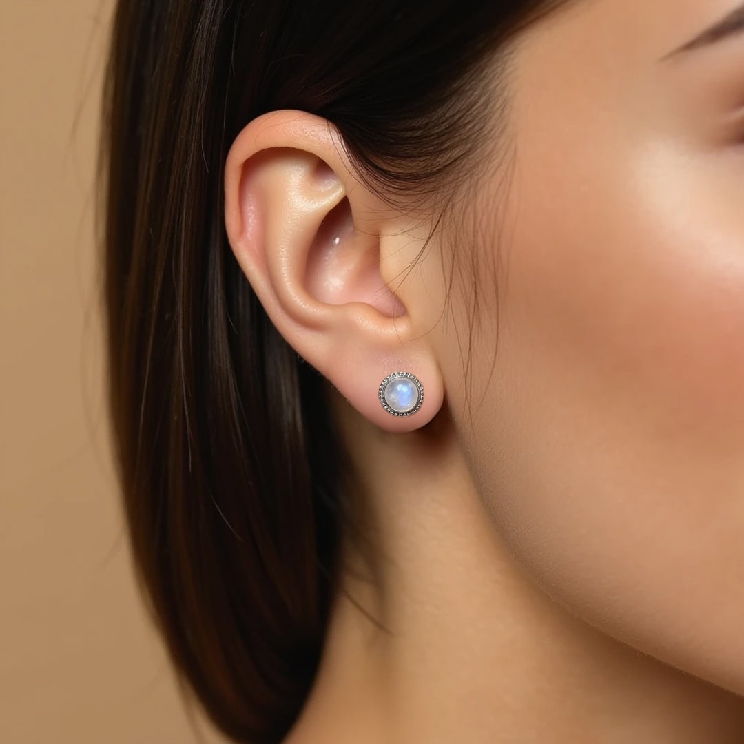 White Labradorite Button Earrings