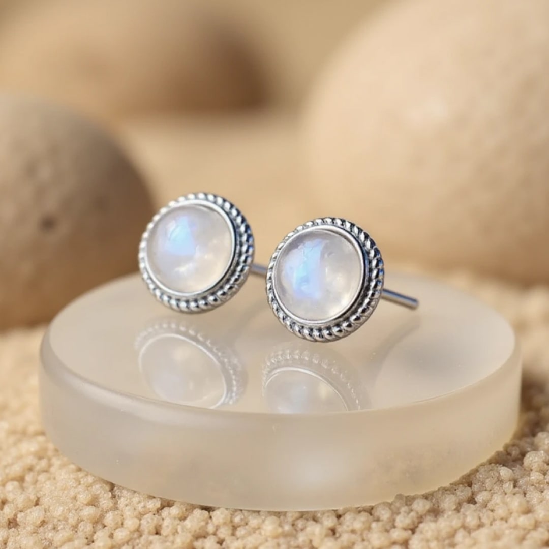 White Labradorite Button Earrings