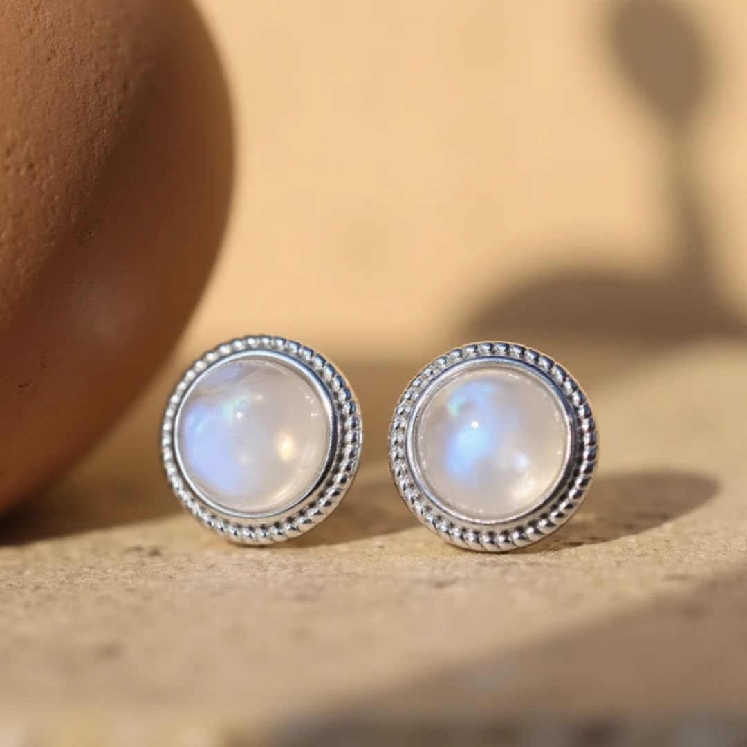 White Labradorite Button Earrings