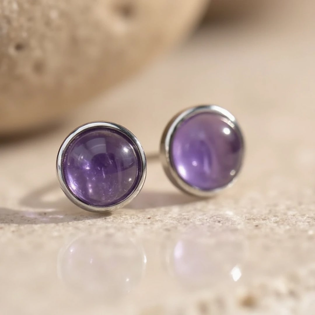 Amethyst & Silver Metal Stud Earrings