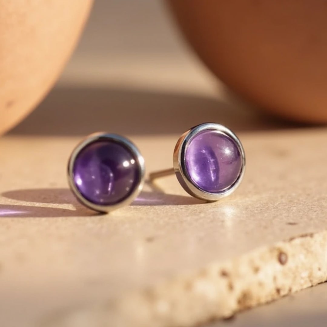 Amethyst & Silver Metal Stud Earrings