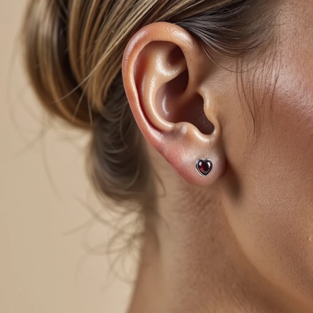 "Passion Heart" Earrings in Garnet & Silver Metal