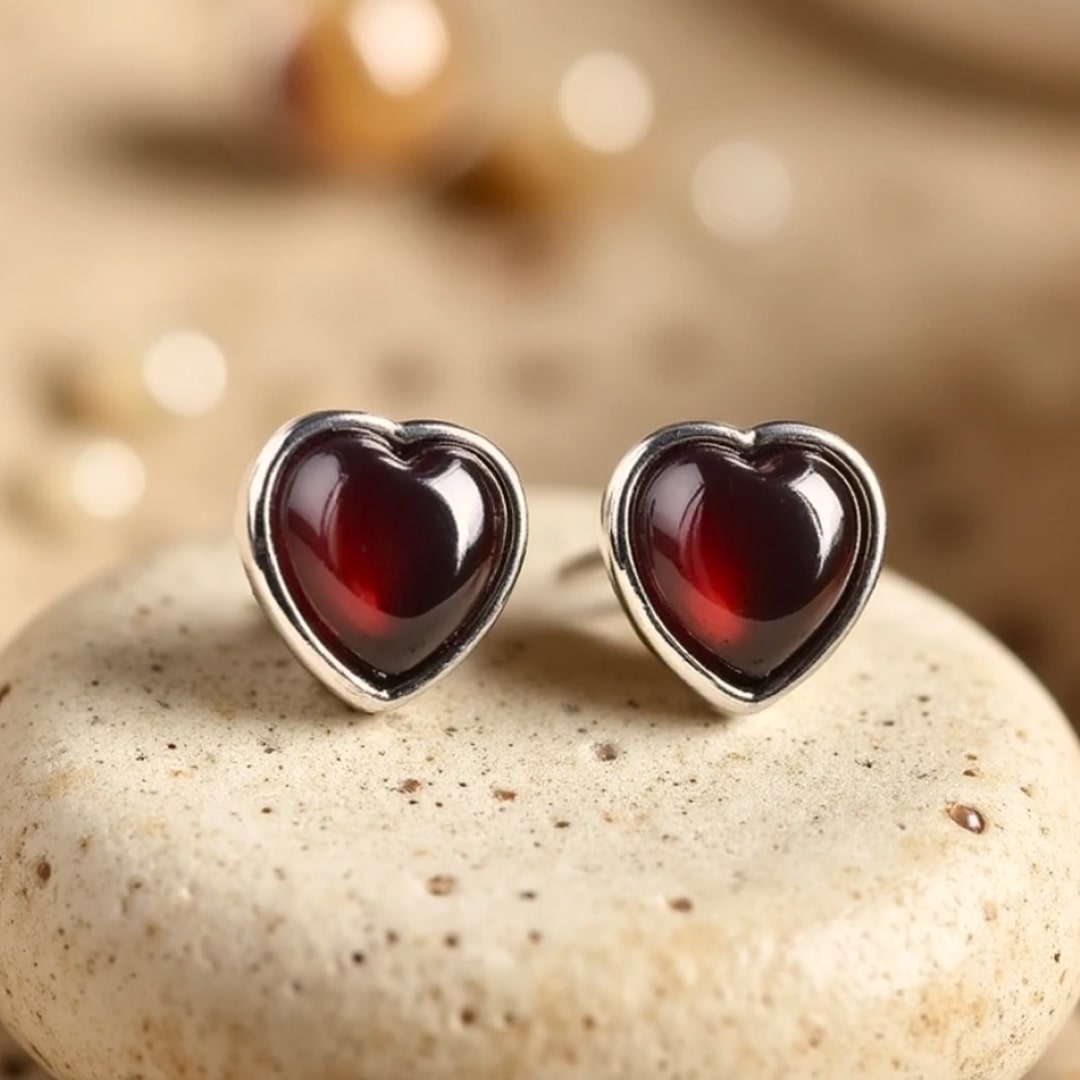 "Passion Heart" Earrings in Garnet & Silver Metal