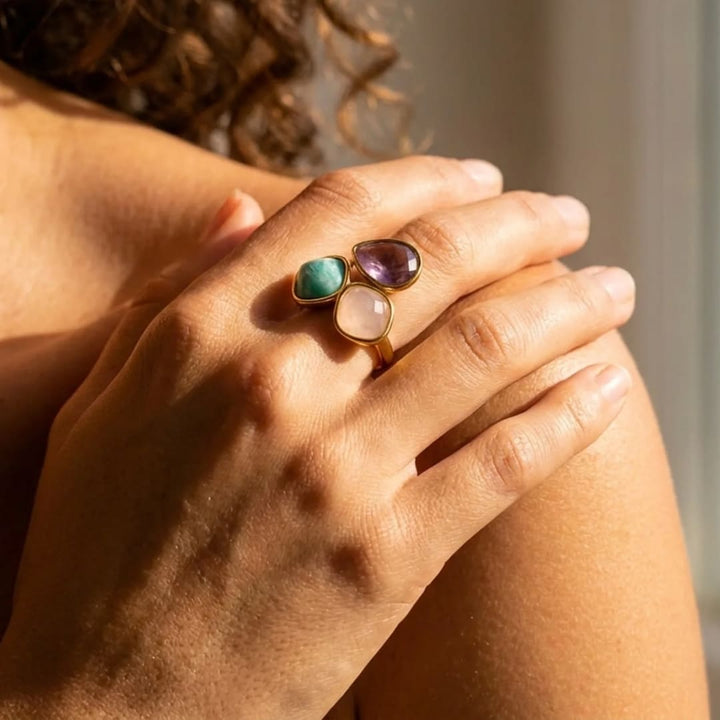 "Soft Dawn" Ring in Amazonite, Rose Quartz & Amethyst