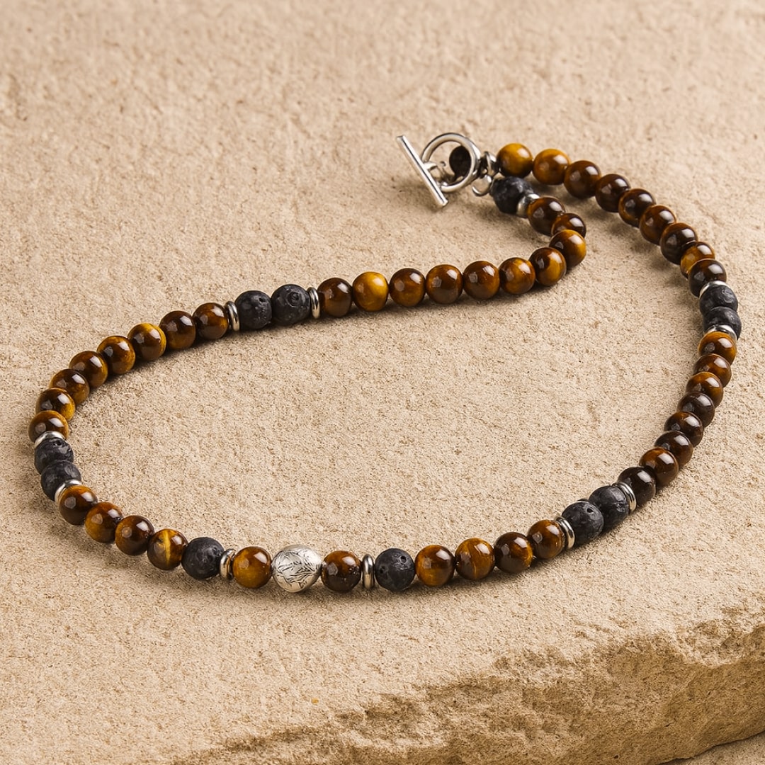 "Earth & Fire Energy" Necklace in Lava Stone & Tiger's Eye