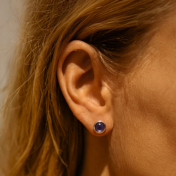 Amethyst & Silver Metal Stud Earrings