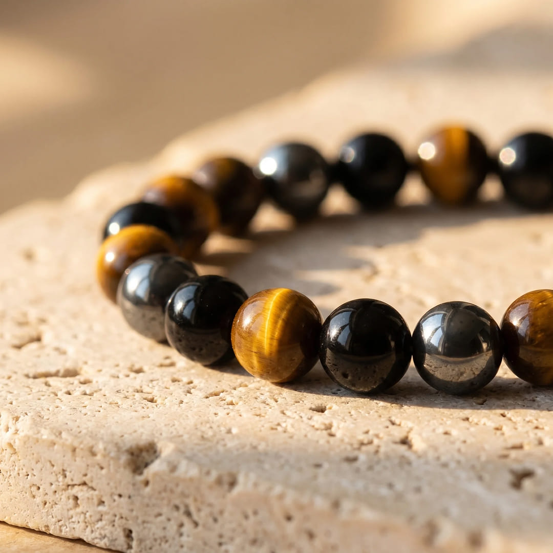 "3 Protections" Bracelet in Tiger's Eye, Hematite & Black Obsidian