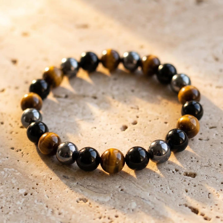 "3 Protections" Bracelet in Tiger Eye, Hematite & Black Obsidian