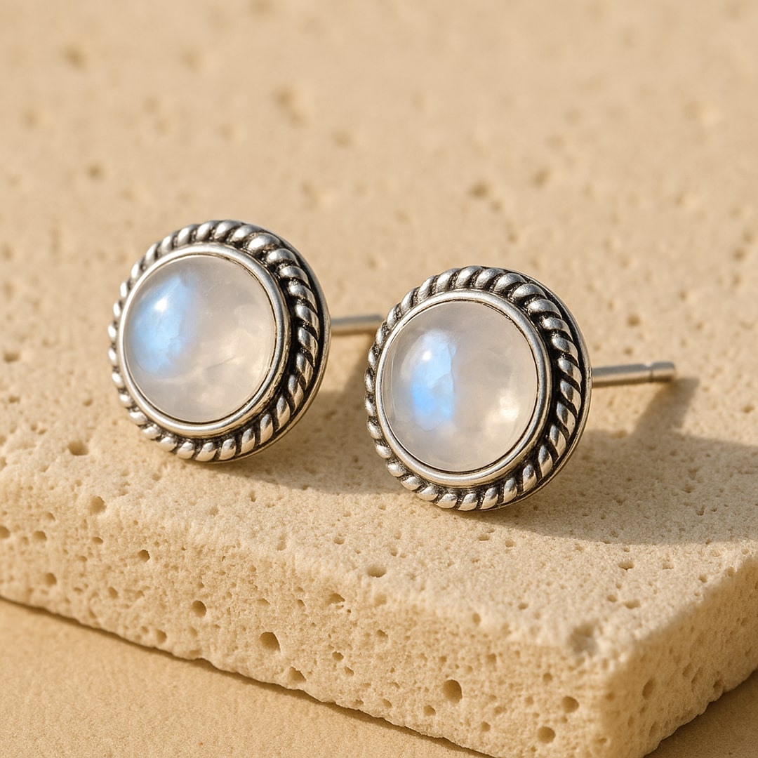 White Labradorite Button Earrings