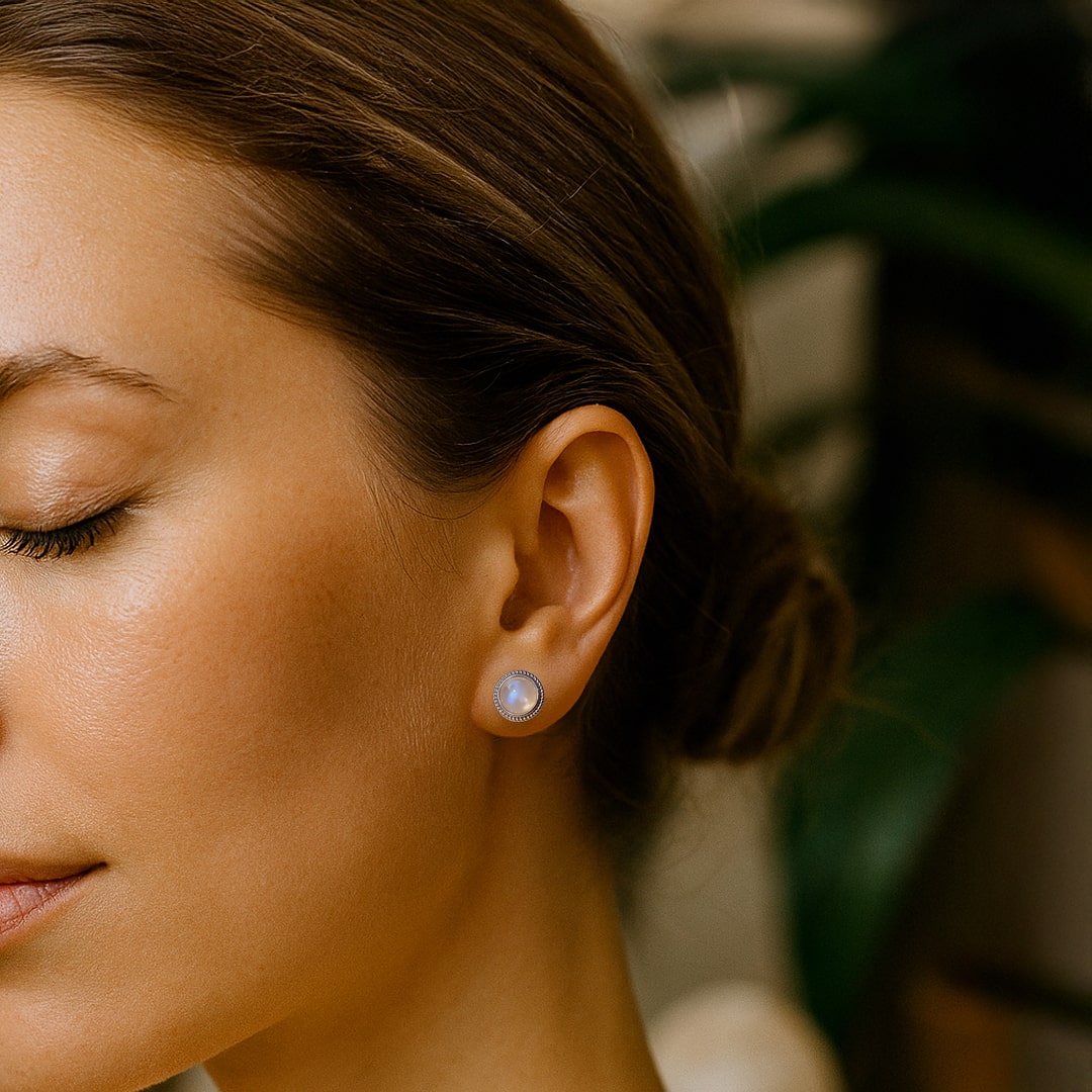 White Labradorite Button Earrings