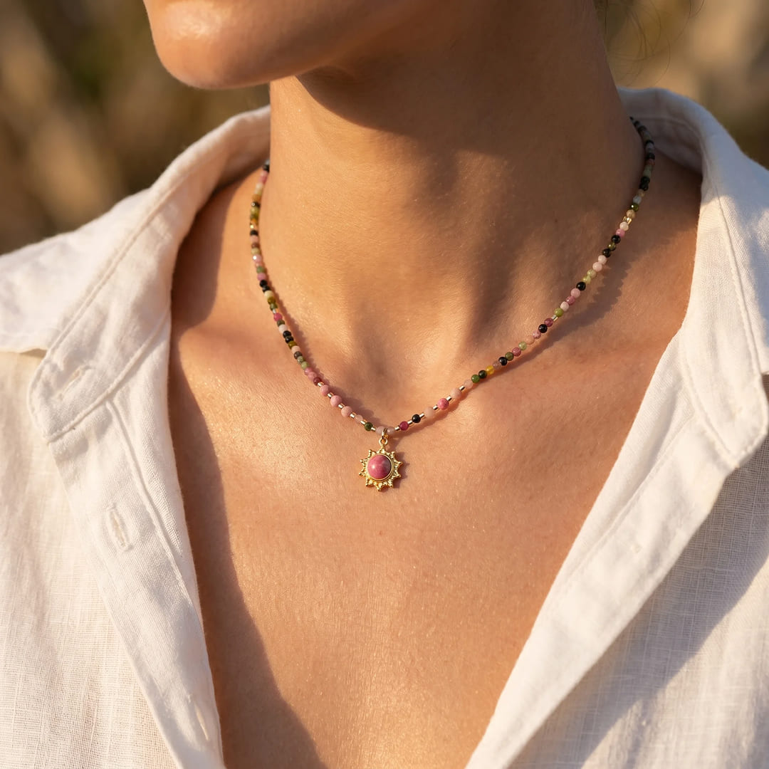"Aura Viva" Necklace in Tourmaline & Rhodonite