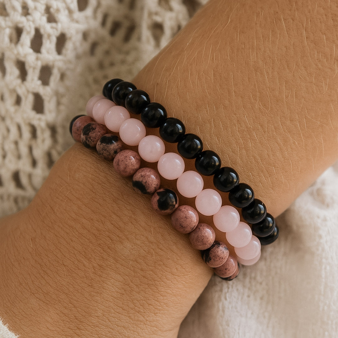 "Peace and Balance" Bracelet Trio in Onyx, Rose Quartz & Rhodonite