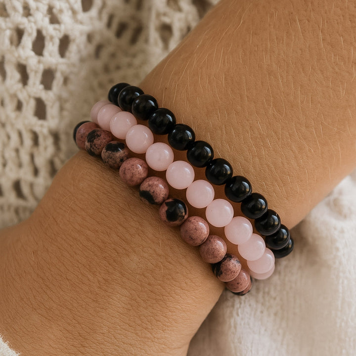 "Peace and Balance" Bracelet Trio in Onyx, Rose Quartz & Rhodonite