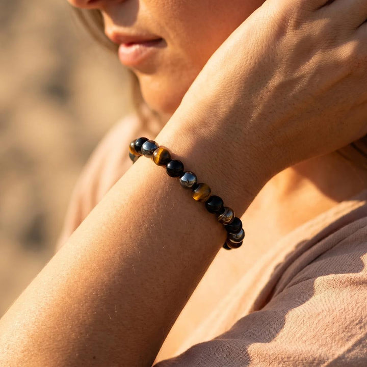 "3 Protections" Bracelet in Tiger Eye, Hematite & Black Obsidian