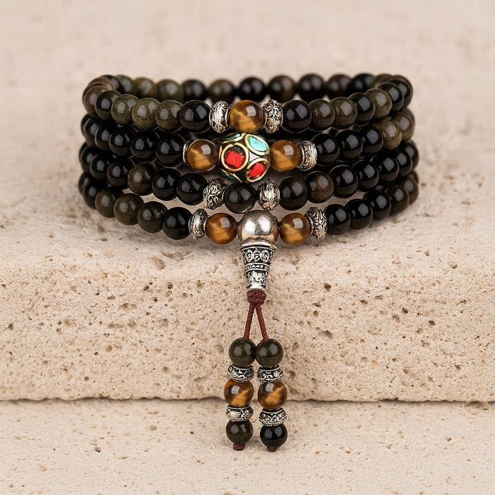 "Buddhist" Mala Bracelet in Black & Golden Obsidian