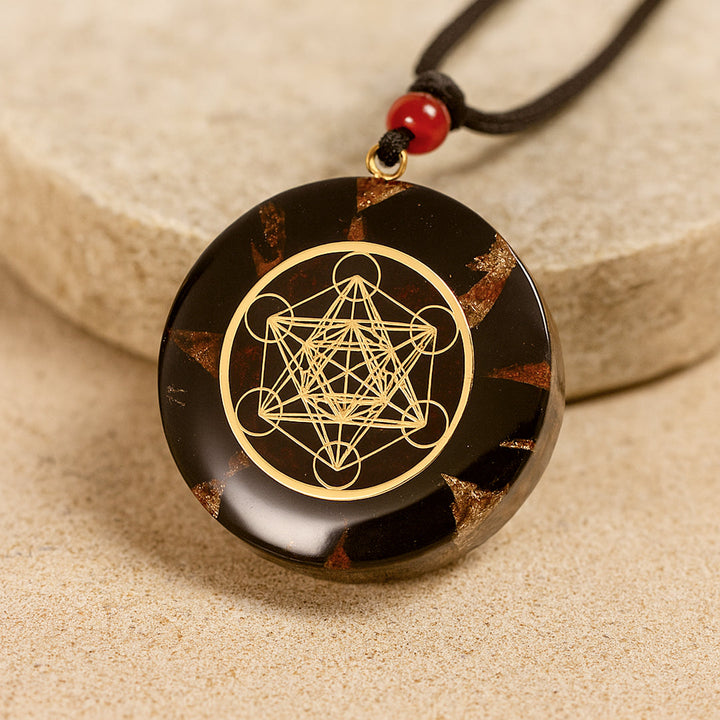 Orgonite Pendant "Metatron's Cube" in Obsidian & Garnet