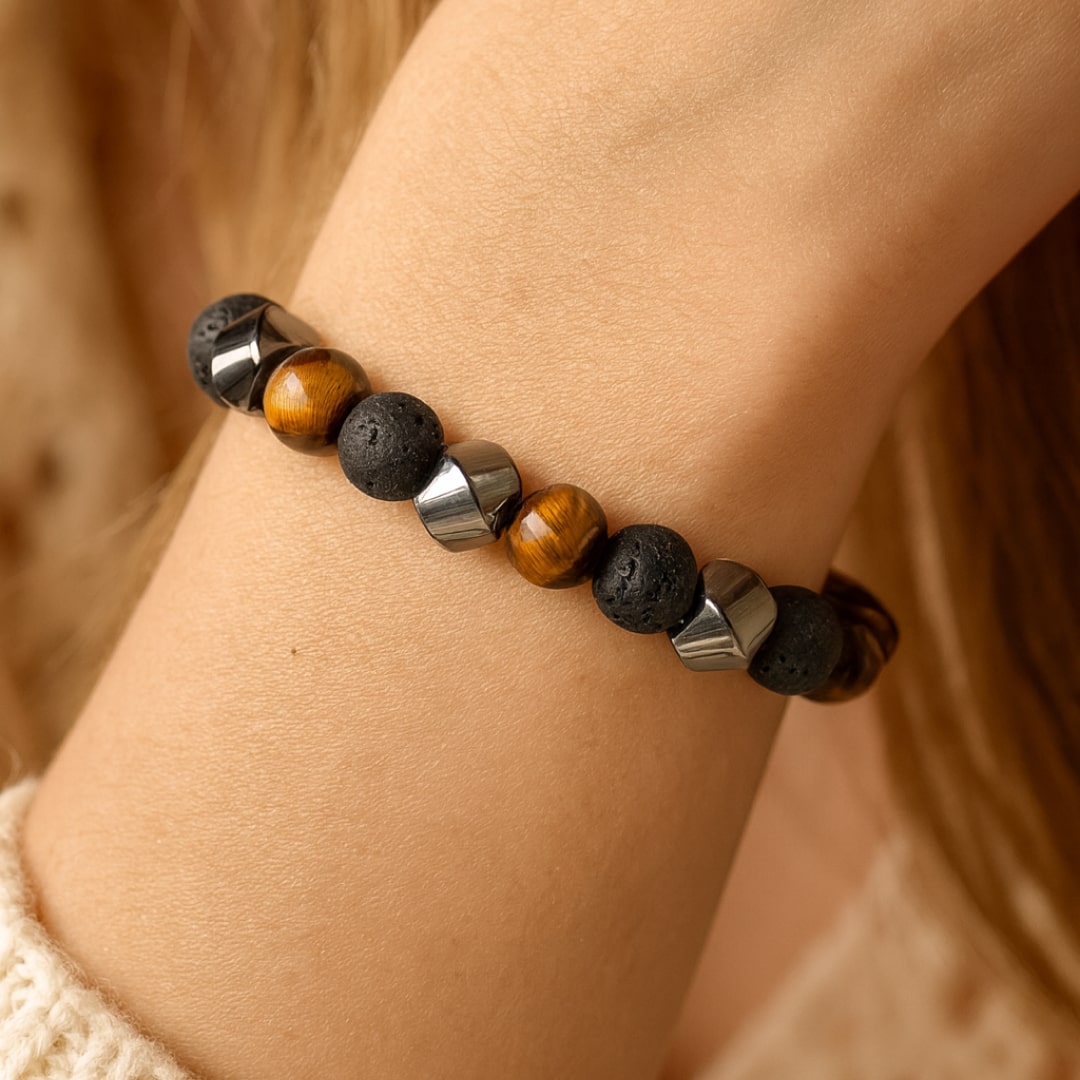 Triple Protection Bracelet in Lava Stone, Tiger Eye & Hematite