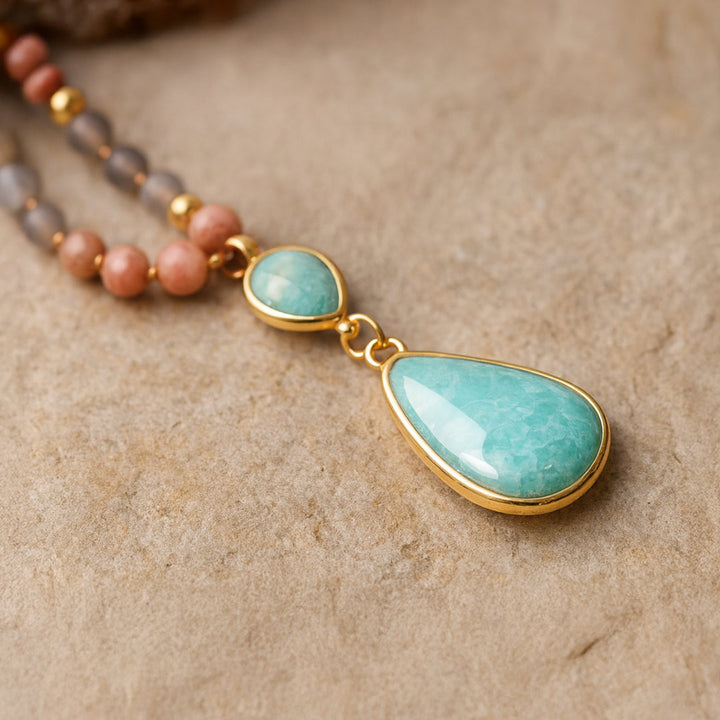 Ethnic Mala Necklace in Turquoise, Amazonite, Rose Quartz & Rhodonite
