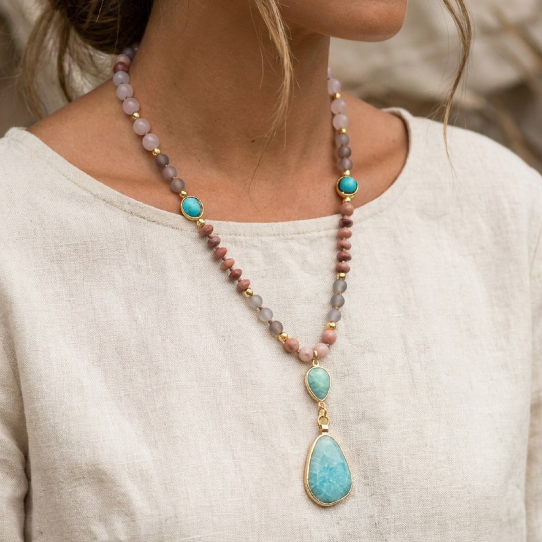 Ethnic Mala Necklace in Turquoise, Amazonite, Rose Quartz & Rhodonite